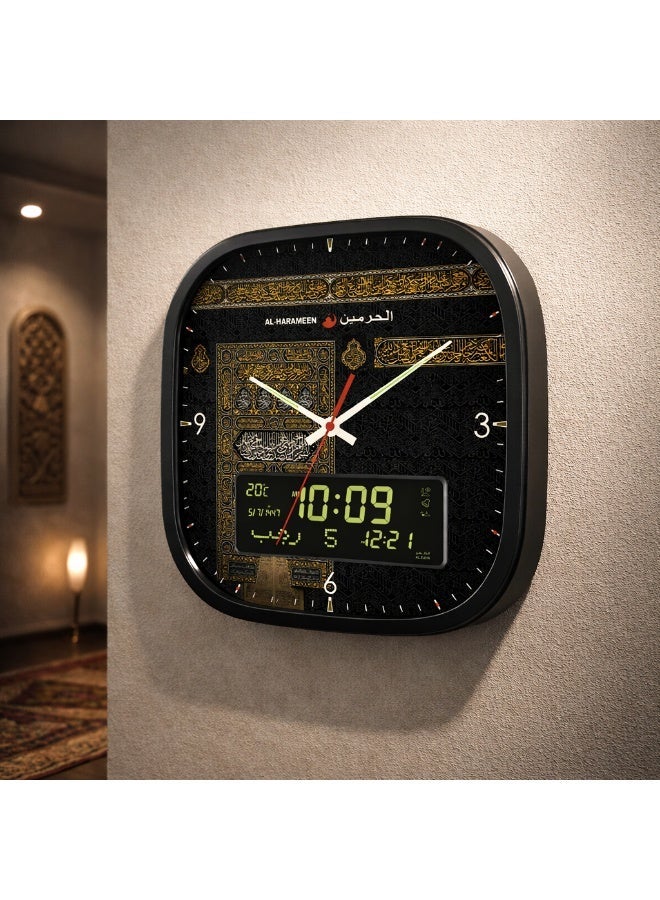 الحرمين ساعة الحرمين الإسلامية للصلاة بشاشة مزدوجة تناظرية ورقمية مع الأذان ودرجة الحرارة والقبلة والتقويم الهجري والميلادي مقاس 33x33 سم هدية مثالية للمسلمين وتصميم الكعبة بإصدار محدود HA-7055A - Image 5